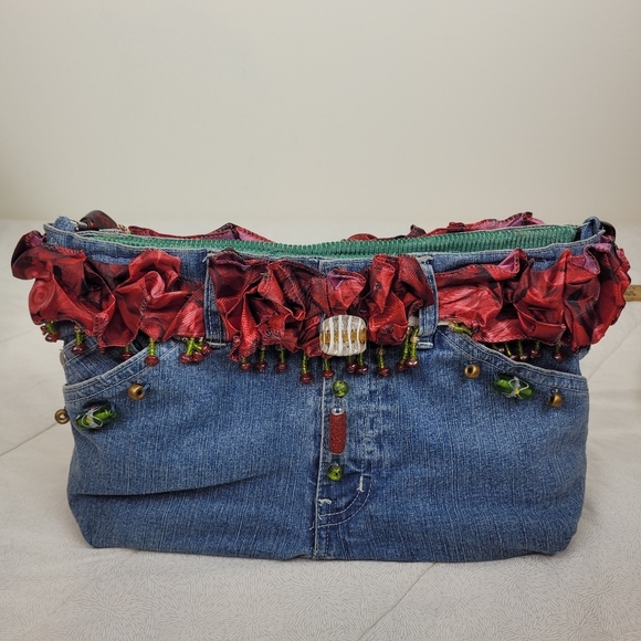 Hand Crafted By Scarlet Denim Red Beaded Women's Bag Lined Bead Handle Boho Arty - Picture 5 of 9